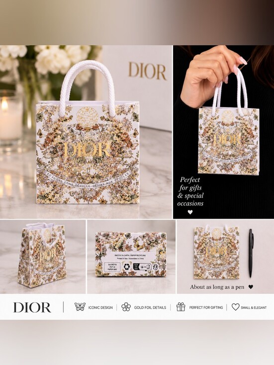 Dior Other - Dior White Bag with Gold Foil Floral & Butterfly Design